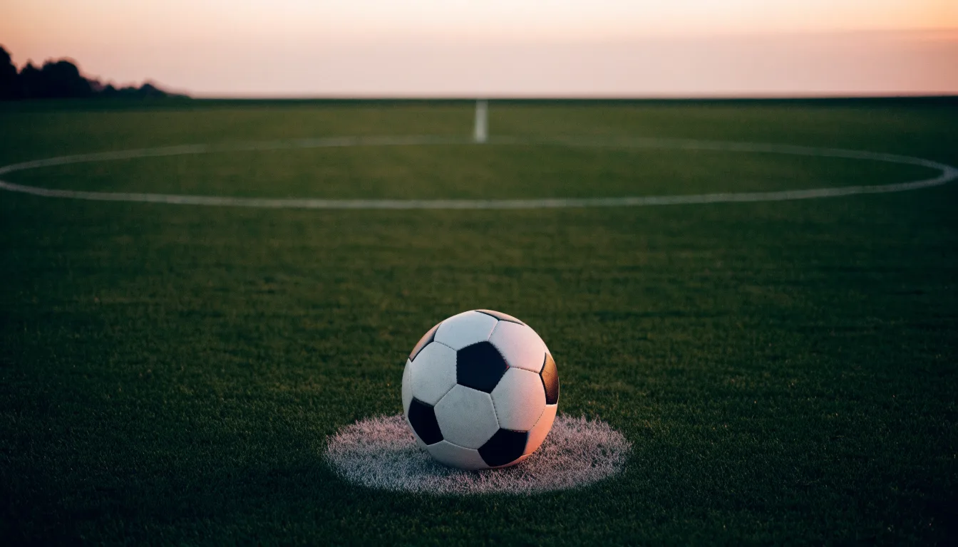 Ein Fußball liegt in der Mitte eines leeren Rasenplatzes, am Horizont färbt sich der Himmel orange.