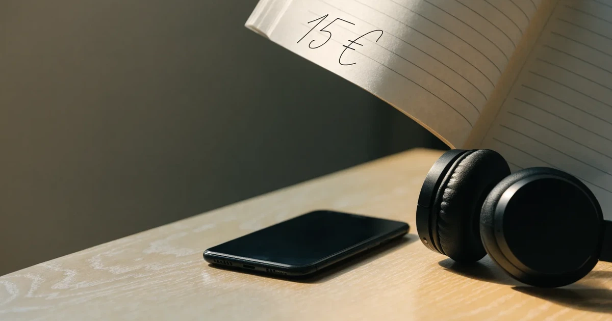 Ein Smartphone mit schwarzem Display liegt neben Kopfhörern auf einem Schreibtisch, daneben ein aufgeschlagenes Notizbuch.