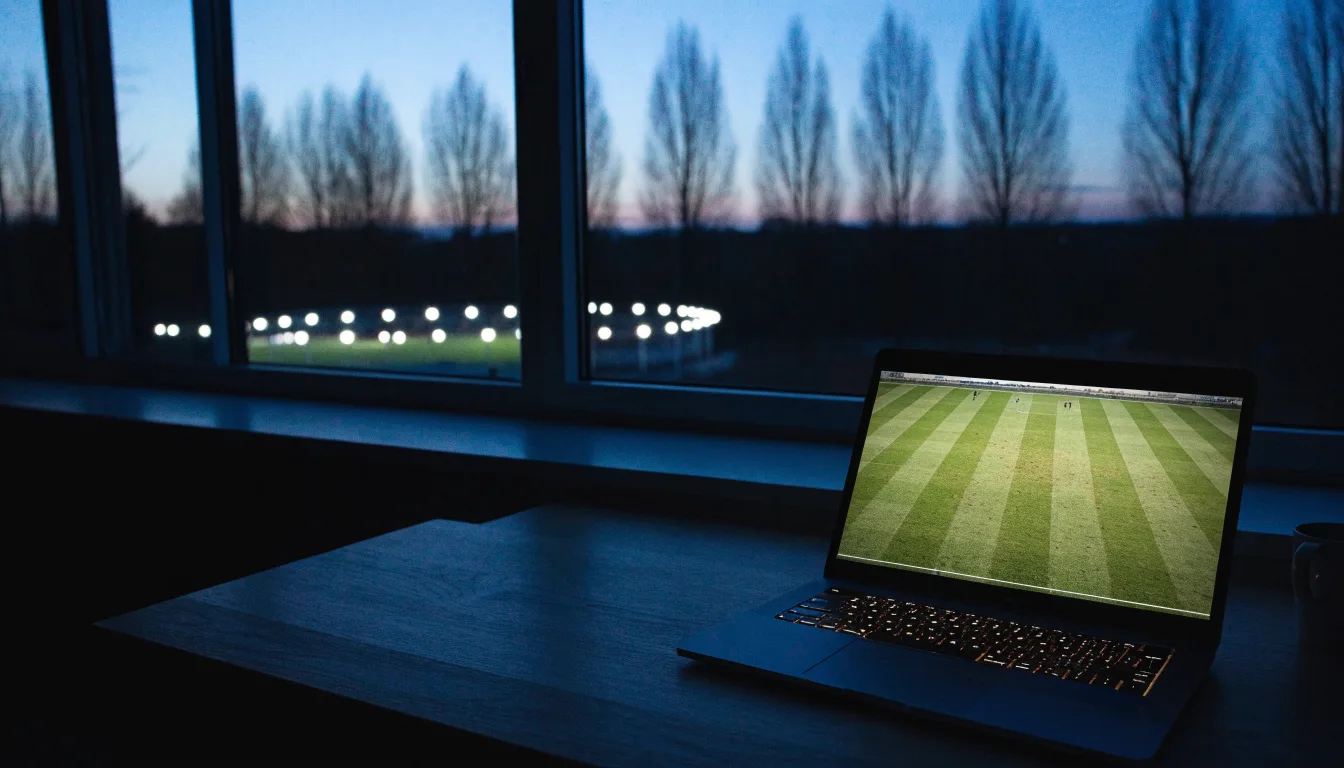 Ein Stadion unter Flutlicht, aus großer Entfernung gesehen, davor eine Reihe kahler Bäume im Dämmerlicht.