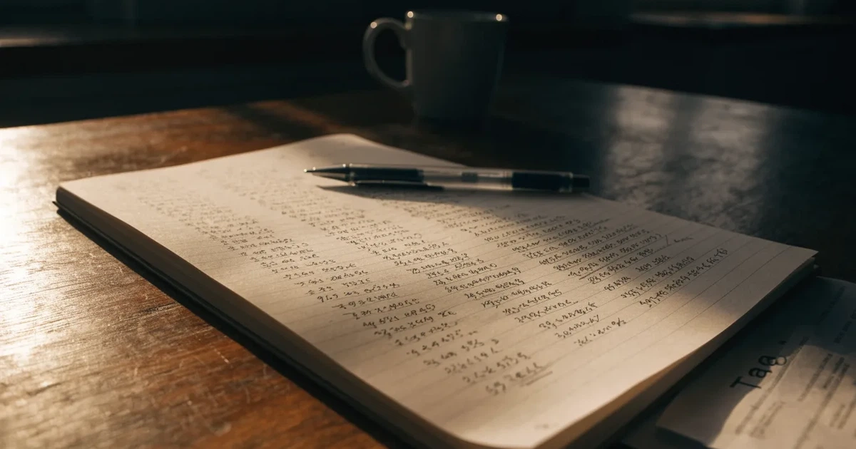 Ein Notizbuch mit handschriftlichen Zahlenreihen und Strichlisten liegt neben einem Taschenrechner auf einem Schreibtisch.