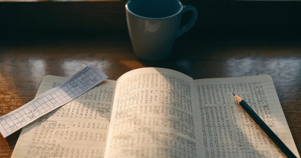 Ein Notizbuch mit handschriftlichen Zahlenreihen und Kästchen liegt neben einem Taschenrechner und einem Bleistift auf einem Schreibtisch.