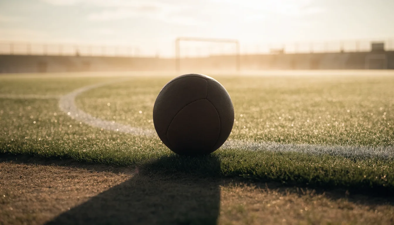 Ein Fußball liegt am Rand des Mittelkreises auf einem leeren Rasenplatz bei Sonnenaufgang.