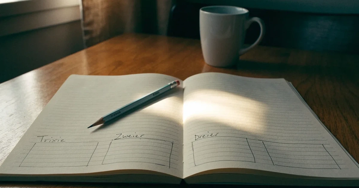 Ein Notizbuch mit handschriftlichen Kästchen und Linien liegt neben einem Bleistift und einem Taschenrechner auf einem Schreibtisch.