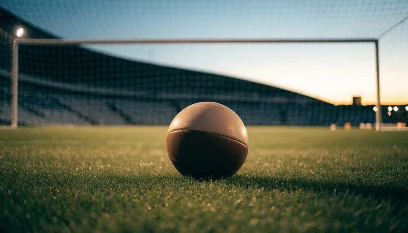 Ein Fußball liegt auf dem Anstoßpunkt eines leeren Rasenplatzes, im Hintergrund ein Stadion unter Flutlicht in der Abenddämmerung.