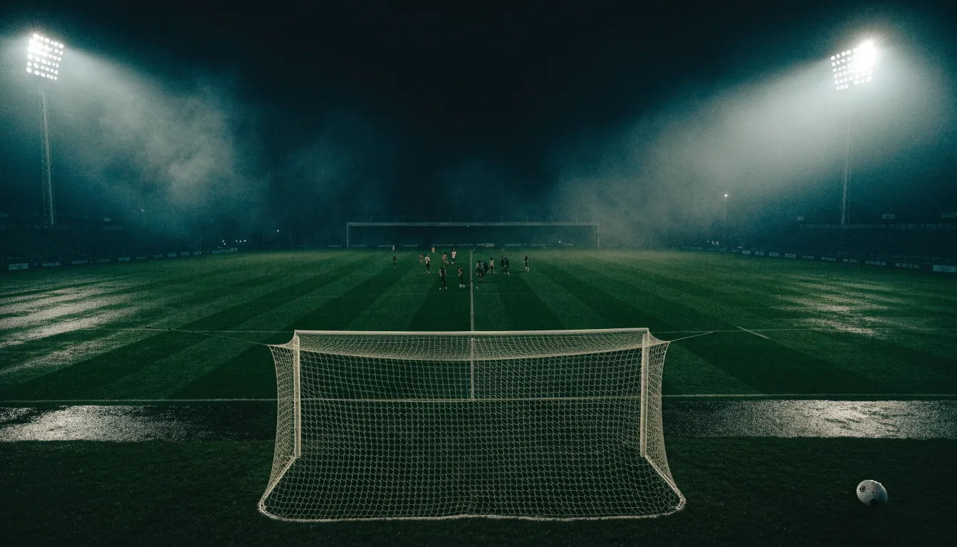 Ein Stadion unter Flutlicht, aus großer Entfernung über eine dunkle Wiese fotografiert, am Himmel zieht Nebel auf.