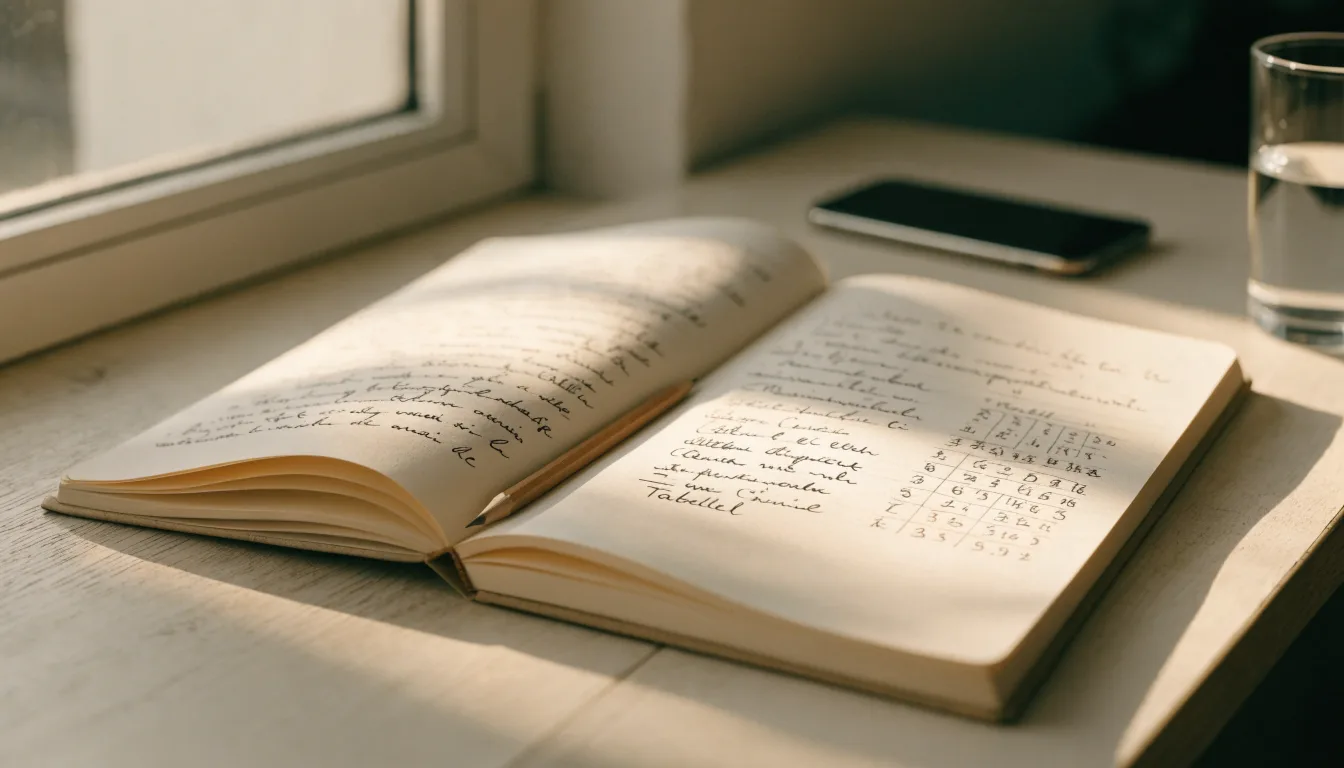 Ein Notizbuch mit handschriftlichen Notizen und ein Bleistift liegen auf einem Schreibtisch am Fenster, draußen fällt Morgenlicht herein.