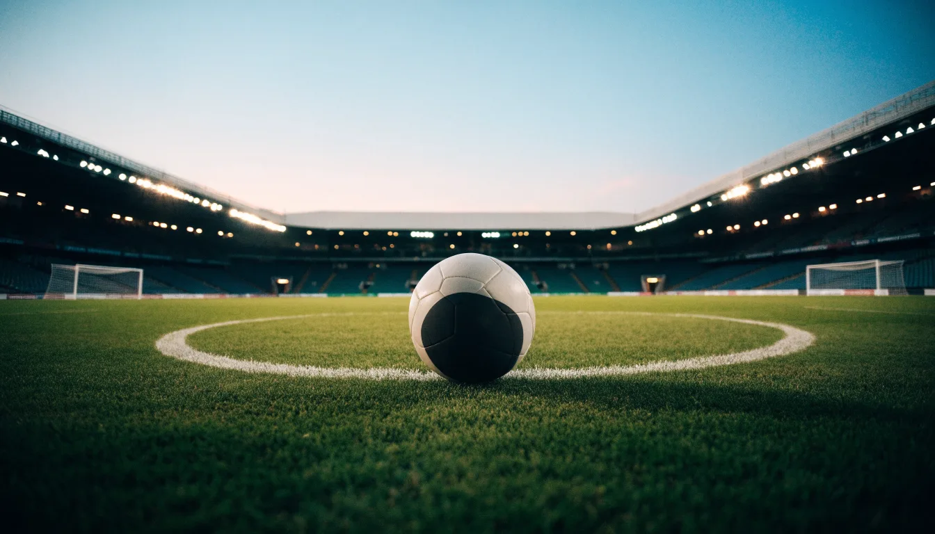 Ein Fußball liegt auf dem Anstoßpunkt eines leeren Rasenplatzes, im Hintergrund steht ein Stadion unter Flutlicht in der Dämmerung.
