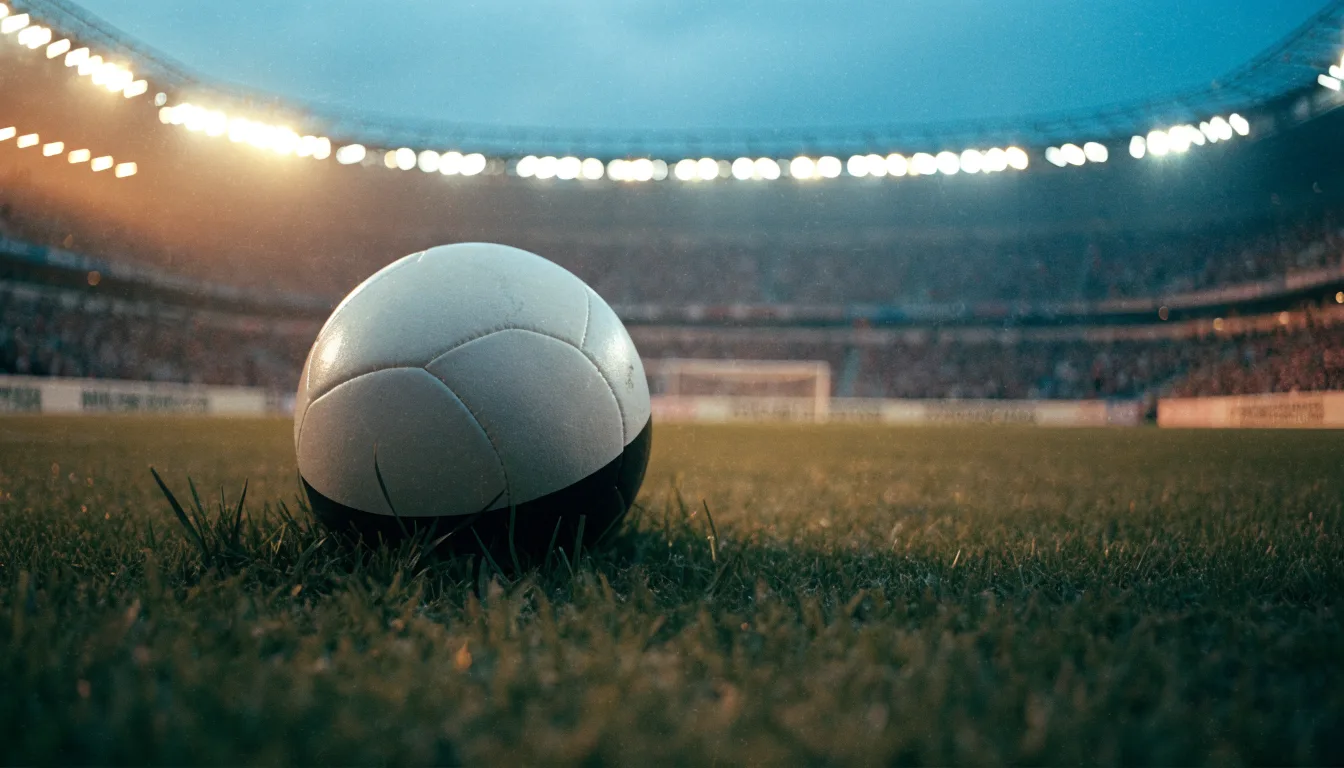 Ein Fußball liegt auf dem Rasen eines leeren Platzes, im Hintergrund ein Stadion unter Flutlicht in der Abenddämmerung.