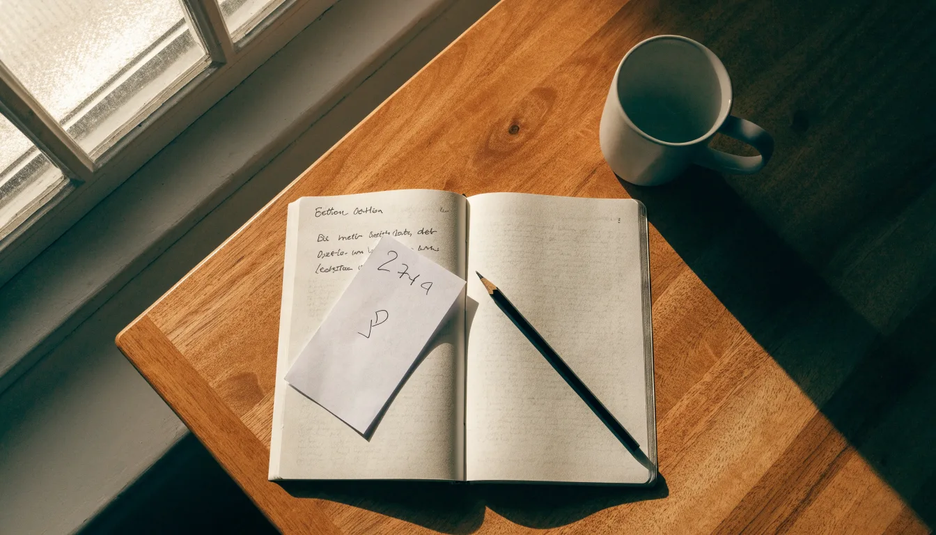 Ein Notizbuch mit handschriftlichen Notizen und ein Bleistift liegen auf einem Schreibtisch am Fenster, draußen fällt Morgenlicht herein.