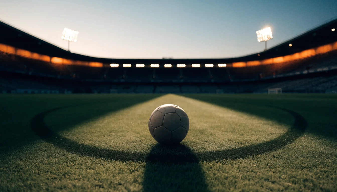 Ein Fußball liegt auf dem Anstoßpunkt eines leeren Rasenplatzes, im Hintergrund steht ein Stadion unter Flutlicht in der Dämmerung.