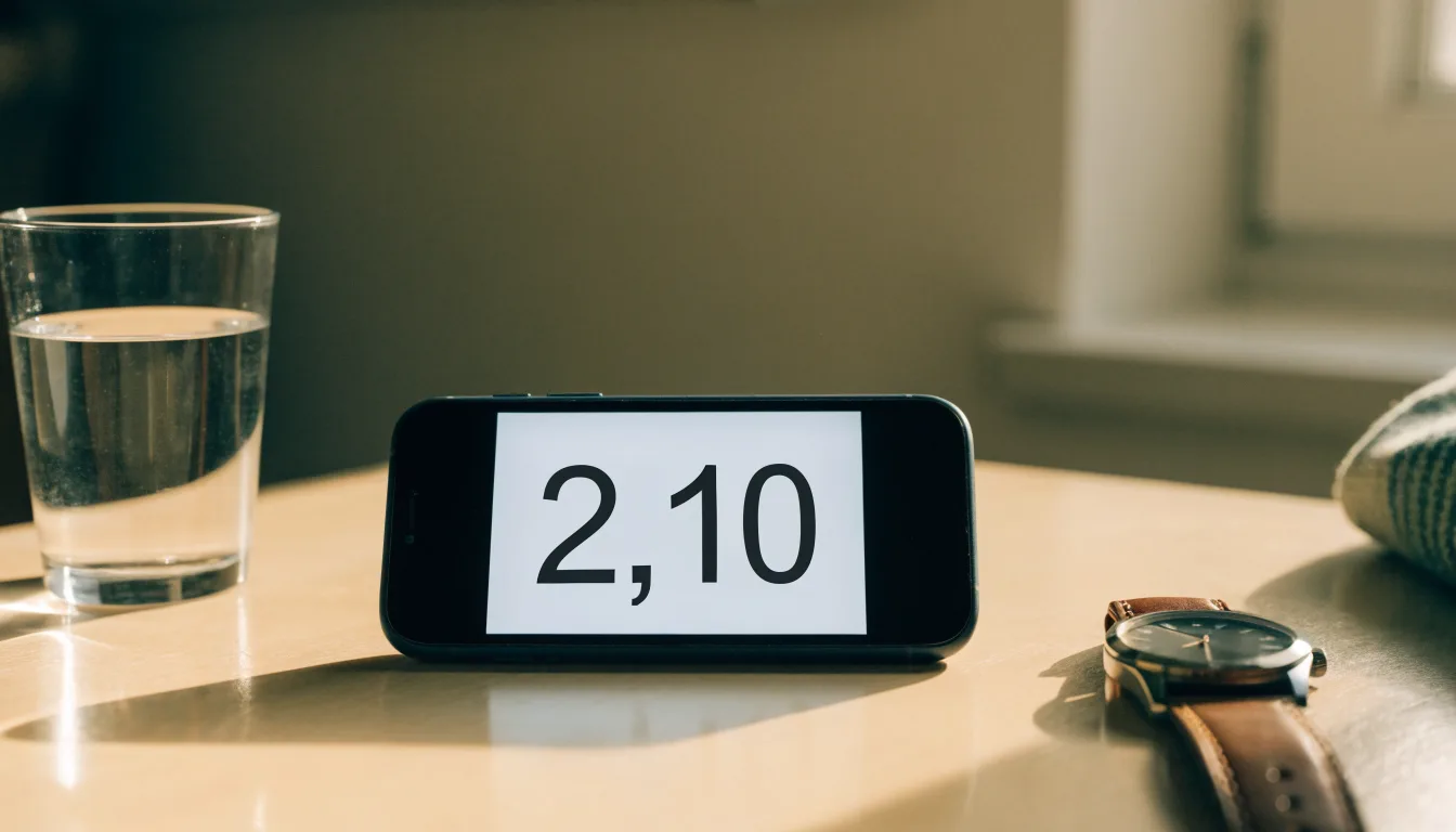 Ein Smartphone liegt mit dem Display nach unten auf einem Küchentisch, daneben stehen ein Glas Wasser und eine Armbanduhr.