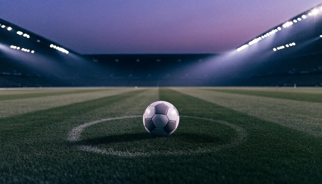 Ein Fußball liegt auf dem Anstoßpunkt eines leeren Rasenplatzes, im Hintergrund steht ein Stadion unter Flutlicht in der Dämmerung.