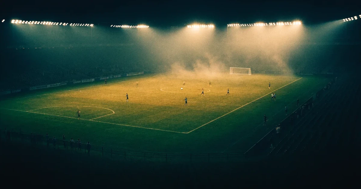 Ein Stadion unter Flutlicht, aus großer Entfernung über eine dunkle Wiese fotografiert, am Himmel zieht Nebel auf.