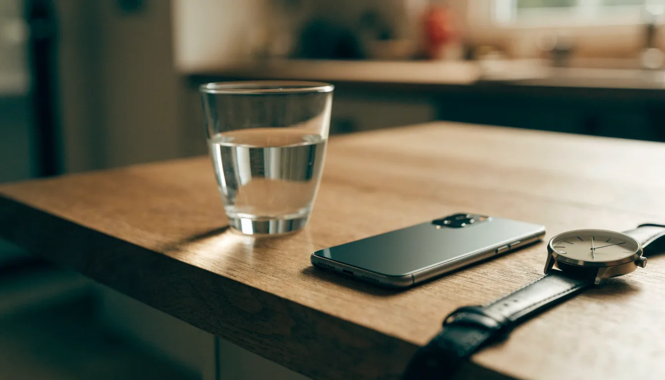 Ein Smartphone liegt mit dem Display nach unten auf einem Küchentisch, daneben stehen ein Glas Wasser und eine Armbanduhr.