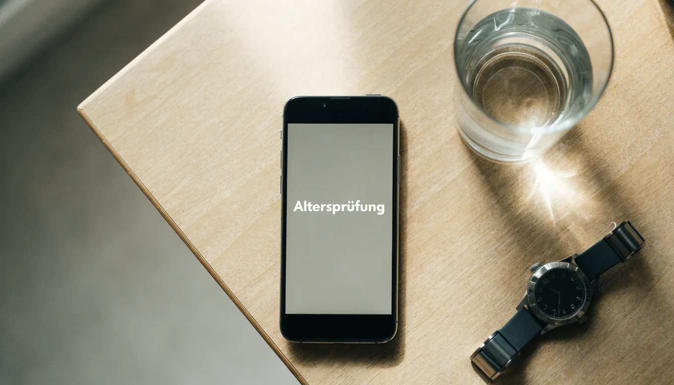 Ein Smartphone liegt mit dem Display nach unten auf einem Küchentisch, daneben stehen ein Glas Wasser und eine Armbanduhr.