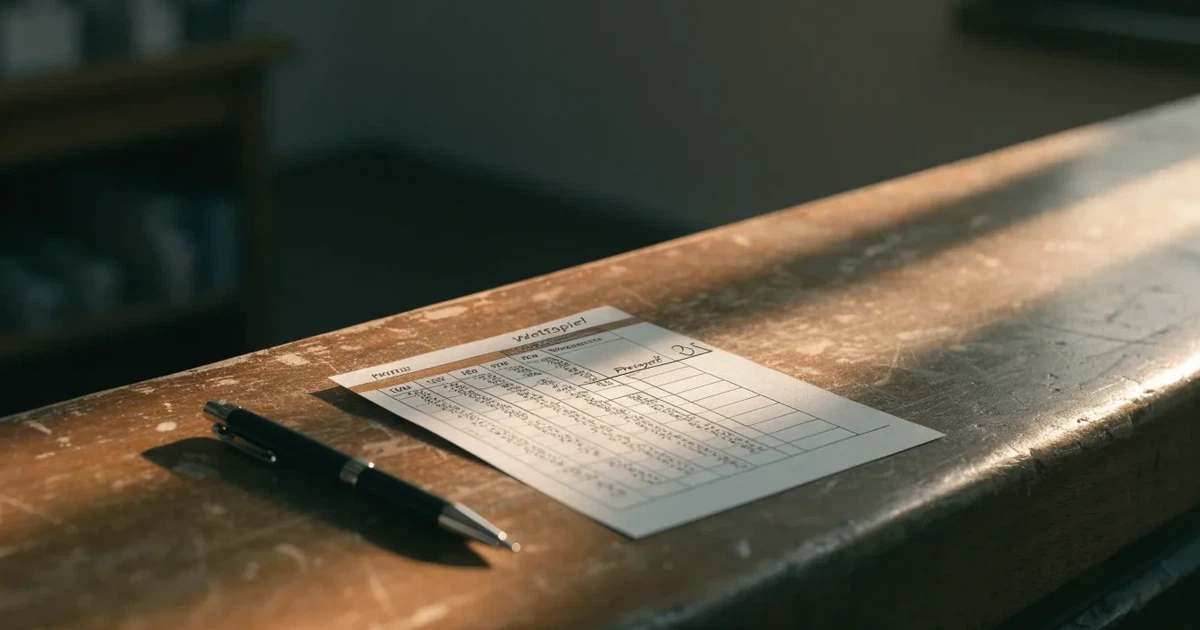Ein leerer Wettschein aus Papier liegt neben einem Stift auf einer hölzernen Theke, weiches Licht fällt von der Seite ein.