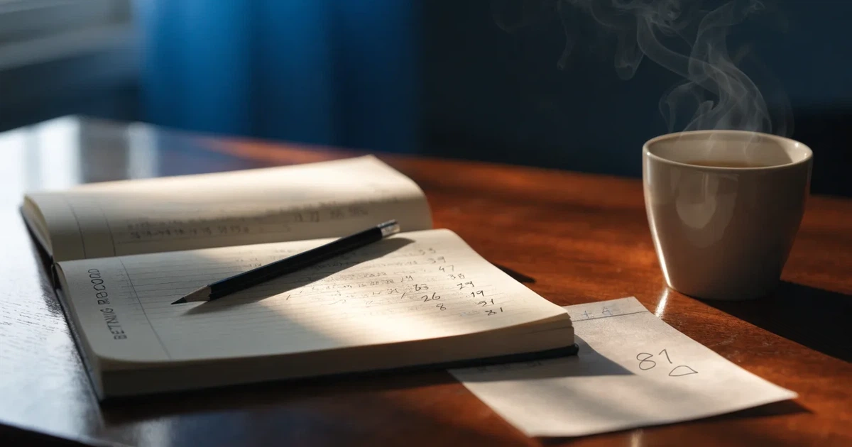 Ein Notizbuch mit handschriftlichen Notizen und Pfeilen liegt aufgeschlagen auf einem Schreibtisch, daneben ein Bleistift und eine Tasse Tee.