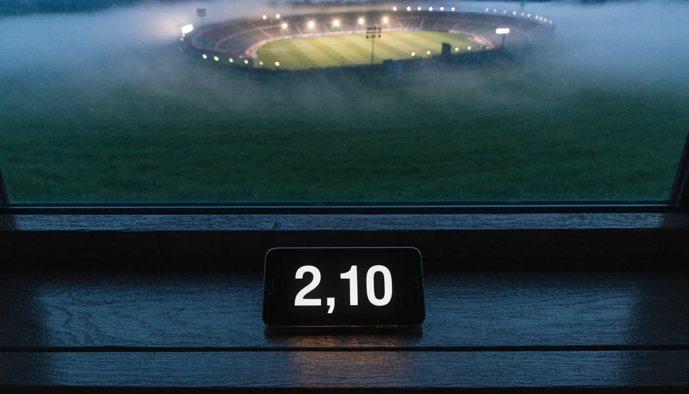 Ein Stadion unter Flutlicht, aus großer Entfernung über eine dunkle Wiese fotografiert, am Himmel zieht Nebel auf.