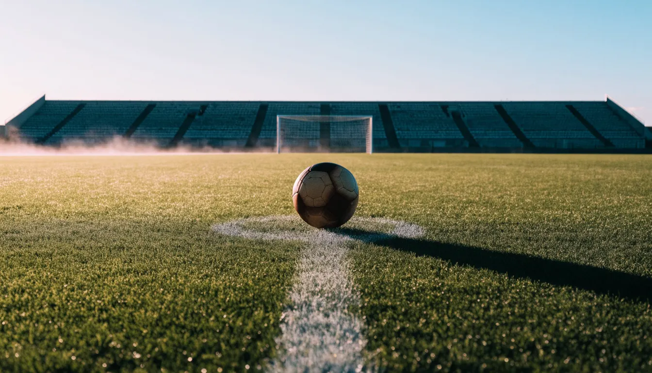 Ein Fußball liegt auf dem Anstoßpunkt eines leeren Rasenplatzes in der Morgendämmerung, im Hintergrund eine leere Tribüne.