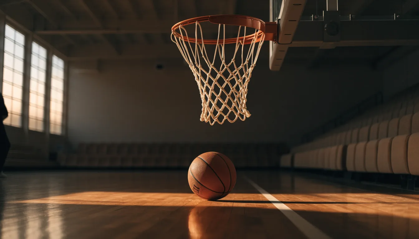 Ein Basketball liegt auf dem Hallenboden unter einem Korb, das Netz hängt ruhig, Morgenlicht fällt durch hohe Fenster.