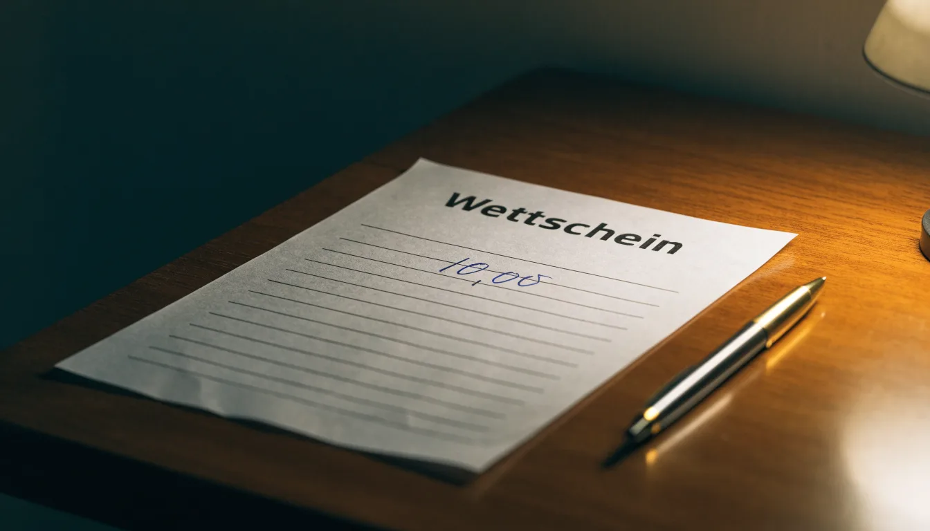 Ein leerer Wettschein aus Papier und ein Kugelschreiber liegen auf einer Tischplatte neben einer kleinen Tischlampe.
