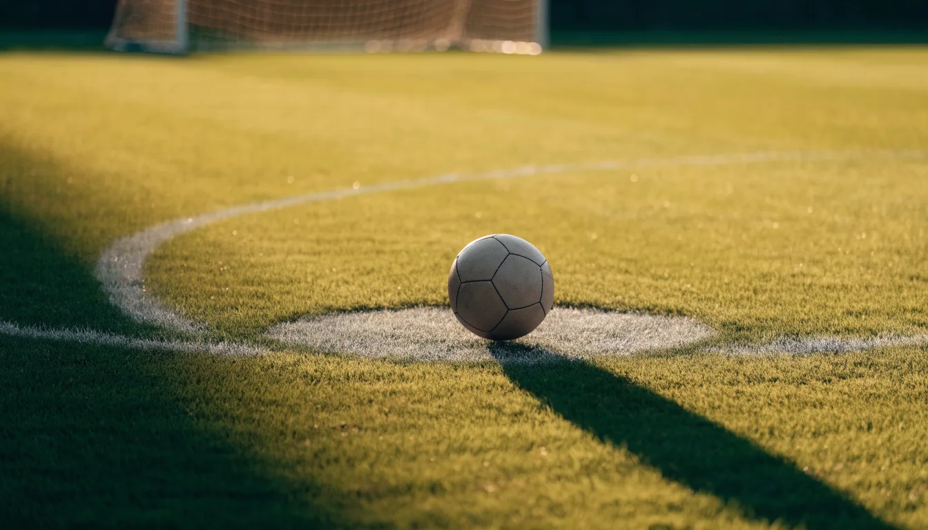 Ein Fußball liegt auf dem Anstoßkreis eines leeren Rasenplatzes im Licht der Morgensonne.