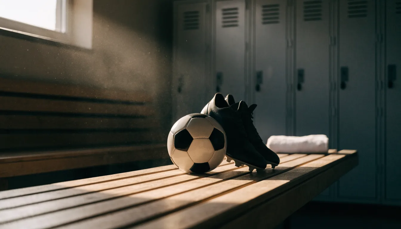 Ein Fußball liegt neben einem Paar Fußballschuhen ohne Markenzeichen auf einer Holzbank in einer leeren Umkleide.