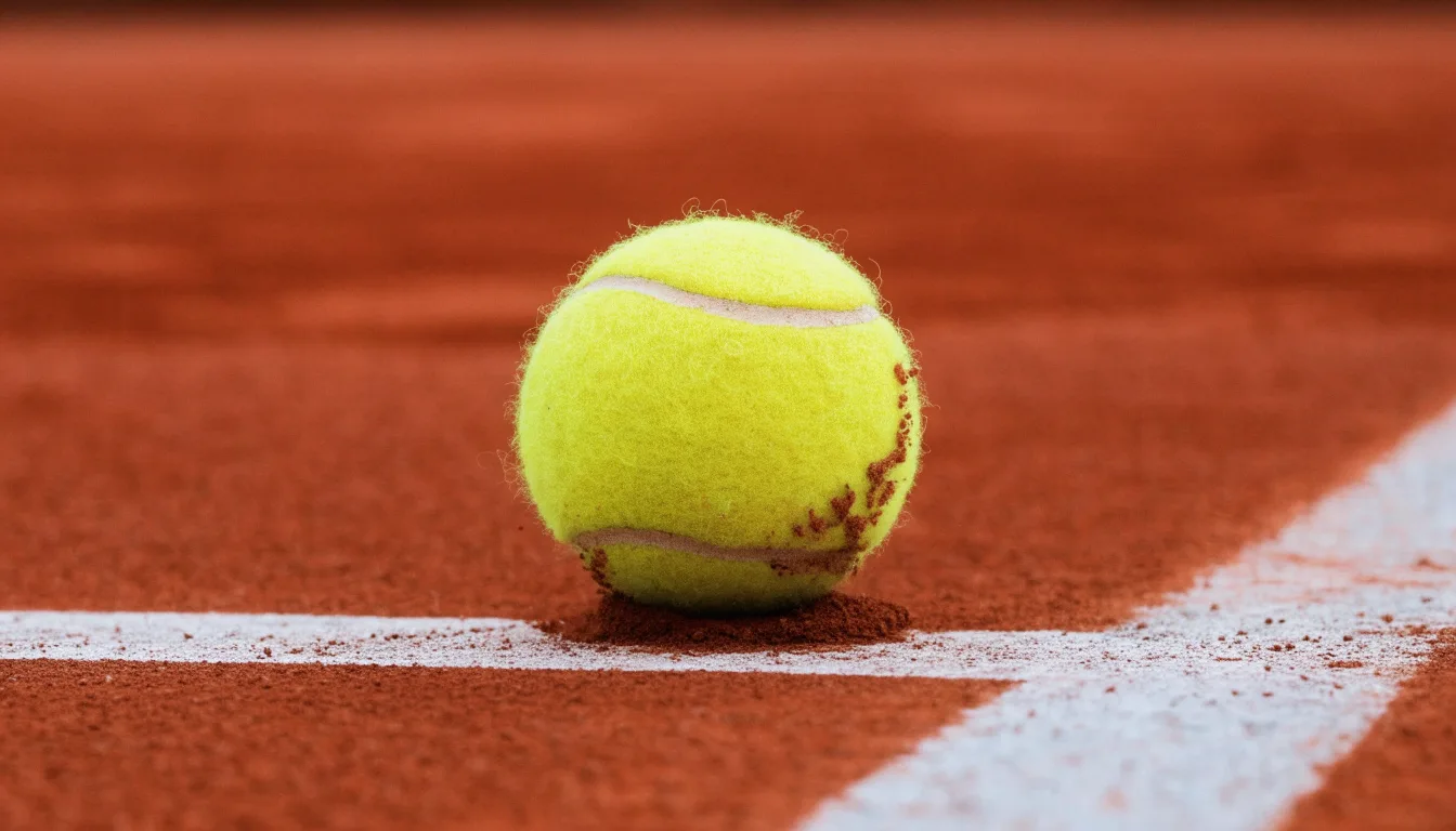 Ein einzelner Tennisball liegt auf rotem Sand neben einer weißen Linie, geringe Schärfentiefe.
