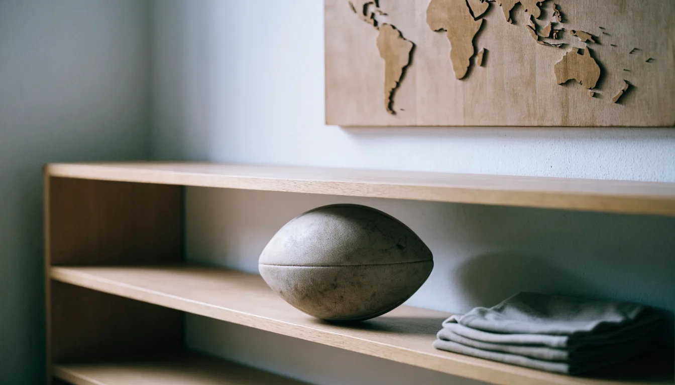 Eine Weltkarte aus Holz hängt an einer Wand, davor liegt ein Fußball auf einem Regal, ohne erkennbare Beschriftung.