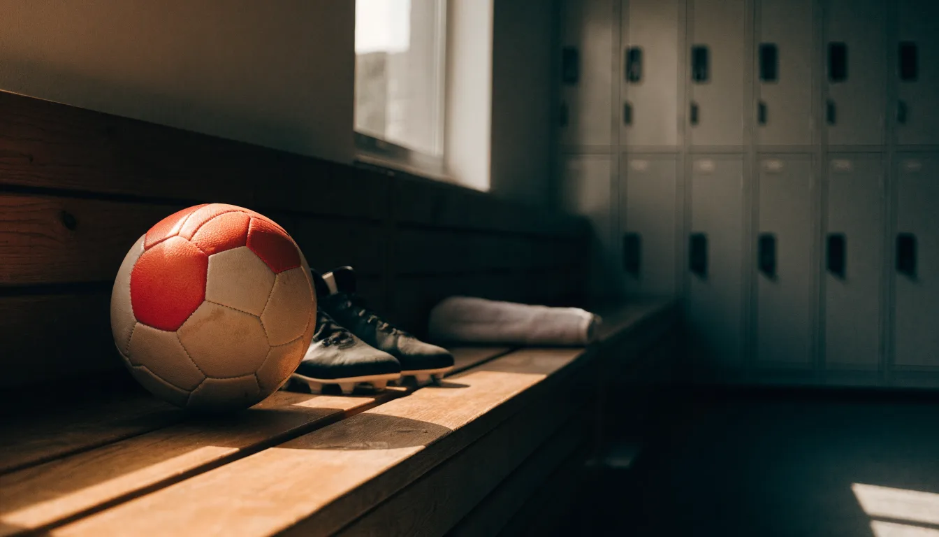 Ein Fußball liegt auf einer Holzbank in einer leeren Umkleide neben einem Paar Fußballschuhen ohne Markenzeichen.