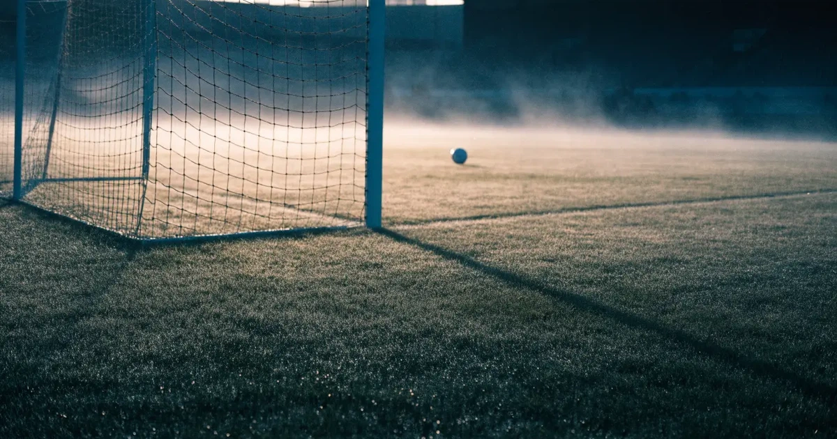 Ein Fußballtor mit Netz steht auf einem leeren Platz im Nebel der Morgendämmerung, der Rasen ist taufeucht.