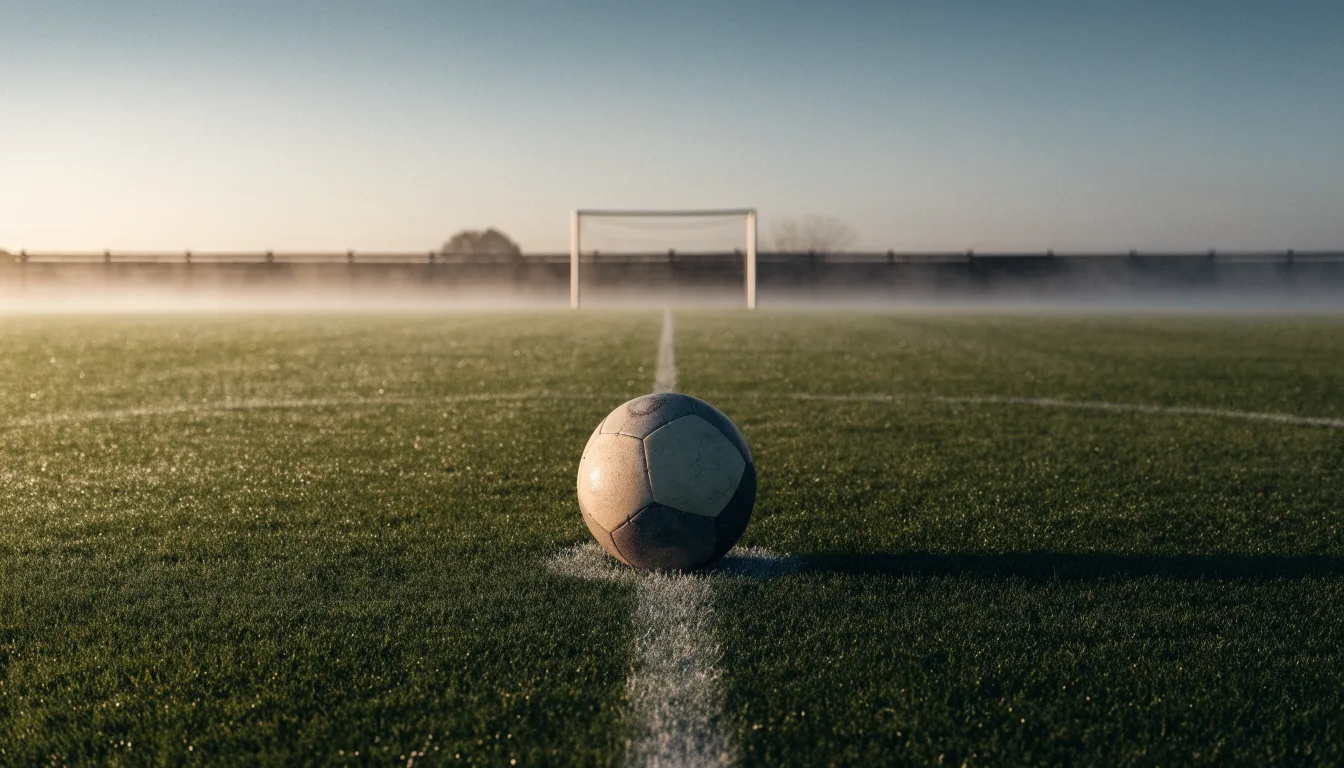 Ein Fußball ruht auf dem Mittelkreis eines leeren Rasenplatzes in der Morgendämmerung, Tau liegt auf dem Gras.