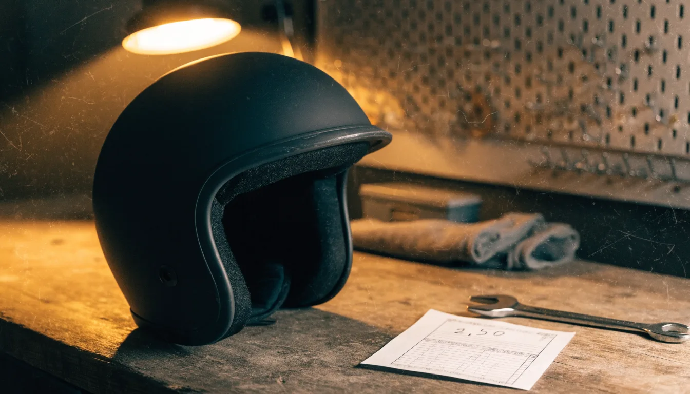 Ein schwarzer Motorradhelm ohne Aufdruck liegt auf einer Werkbank neben einem Schraubenschlüssel, warmes Licht einer Werkstatt.