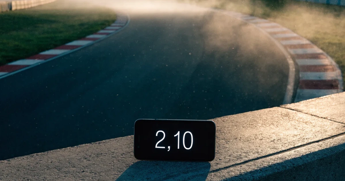 Eine leere Rennstrecke mit rot-weißen Randsteinen im frühen Morgenlicht, auf dem Asphalt liegt dünner Nebel, keine Fahrzeuge.