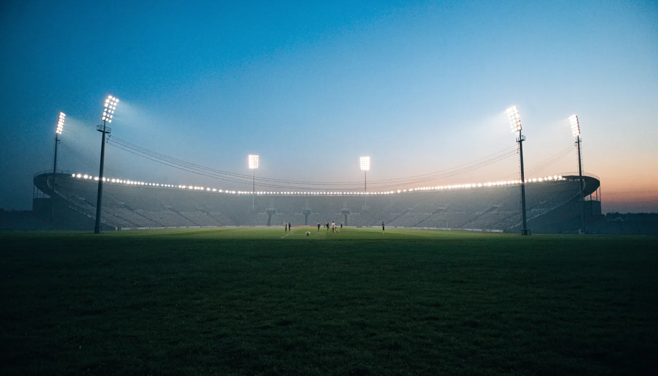 Ein großes Stadion unter Flutlicht, aus der Ferne über eine dunkle Wiese gesehen, die Lichtmasten spiegeln sich im Dunst der Abenddämmerung.