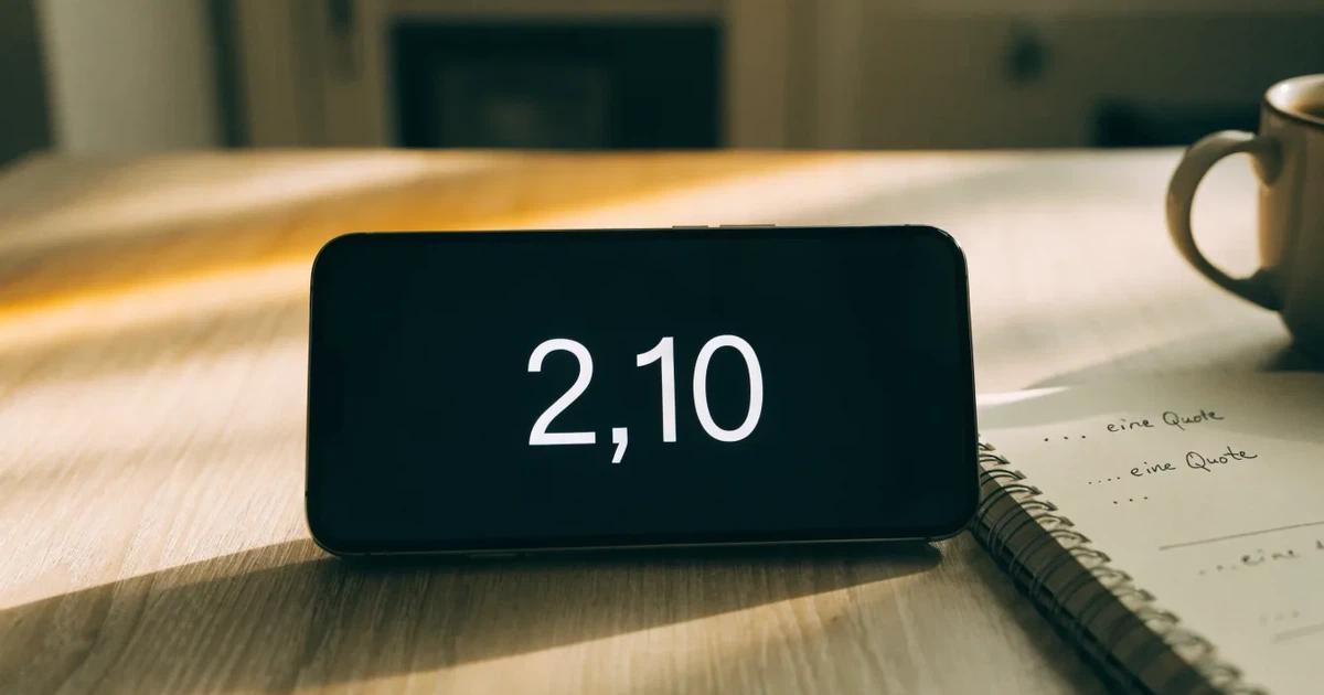 Ein Smartphone mit dunklem Display liegt neben einem Notizbuch mit handschriftlichen Notizen auf einem hellen Holztisch, daneben eine Tasse Kaffee im Morgenlicht.