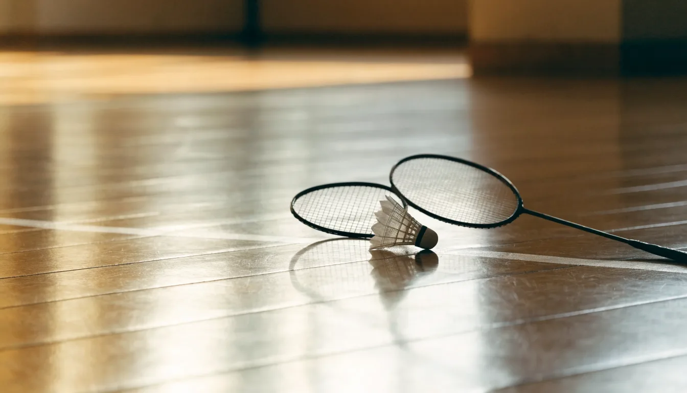 Zwei Badmintonschläger und ein Federball liegen auf einem Holzboden neben der Seitenlinie, weiches Licht fällt von der Seite ein.
