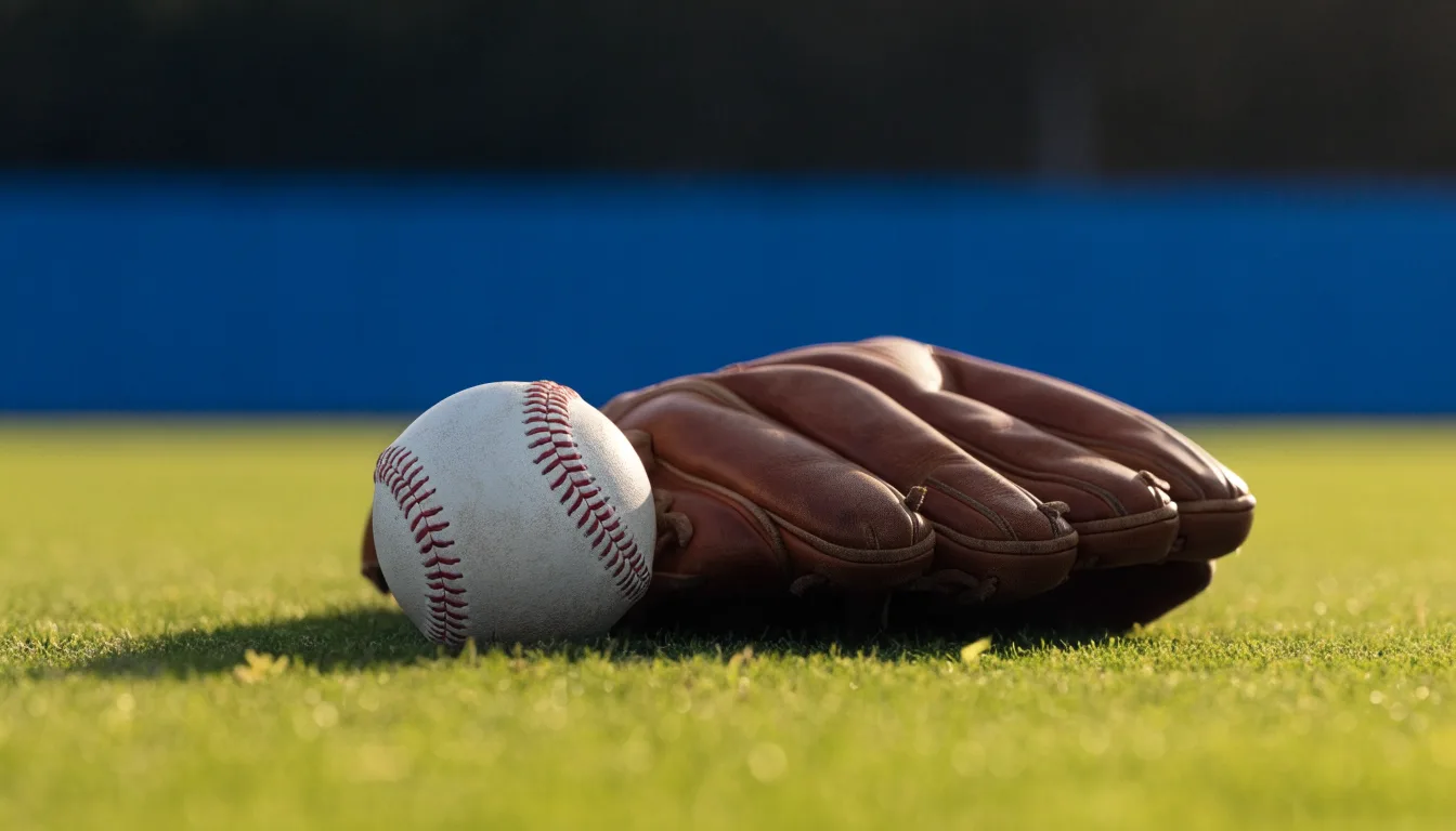 Ein weißer Baseball und ein Lederhandschuh liegen auf kurz geschnittenem Gras, im Hintergrund eine verschwommene Spielfeldbande.
