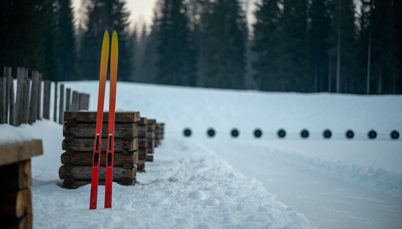 Ein Paar Langlaufskier steckt aufrecht im Schnee neben einem leeren Schießstand mit runden Zielscheiben, kaltes Winterlicht.