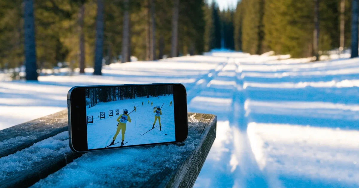 Eine verschneite Loipe zwischen Fichten im Morgenlicht, frische Spuren im Schnee, kein Mensch zu sehen.