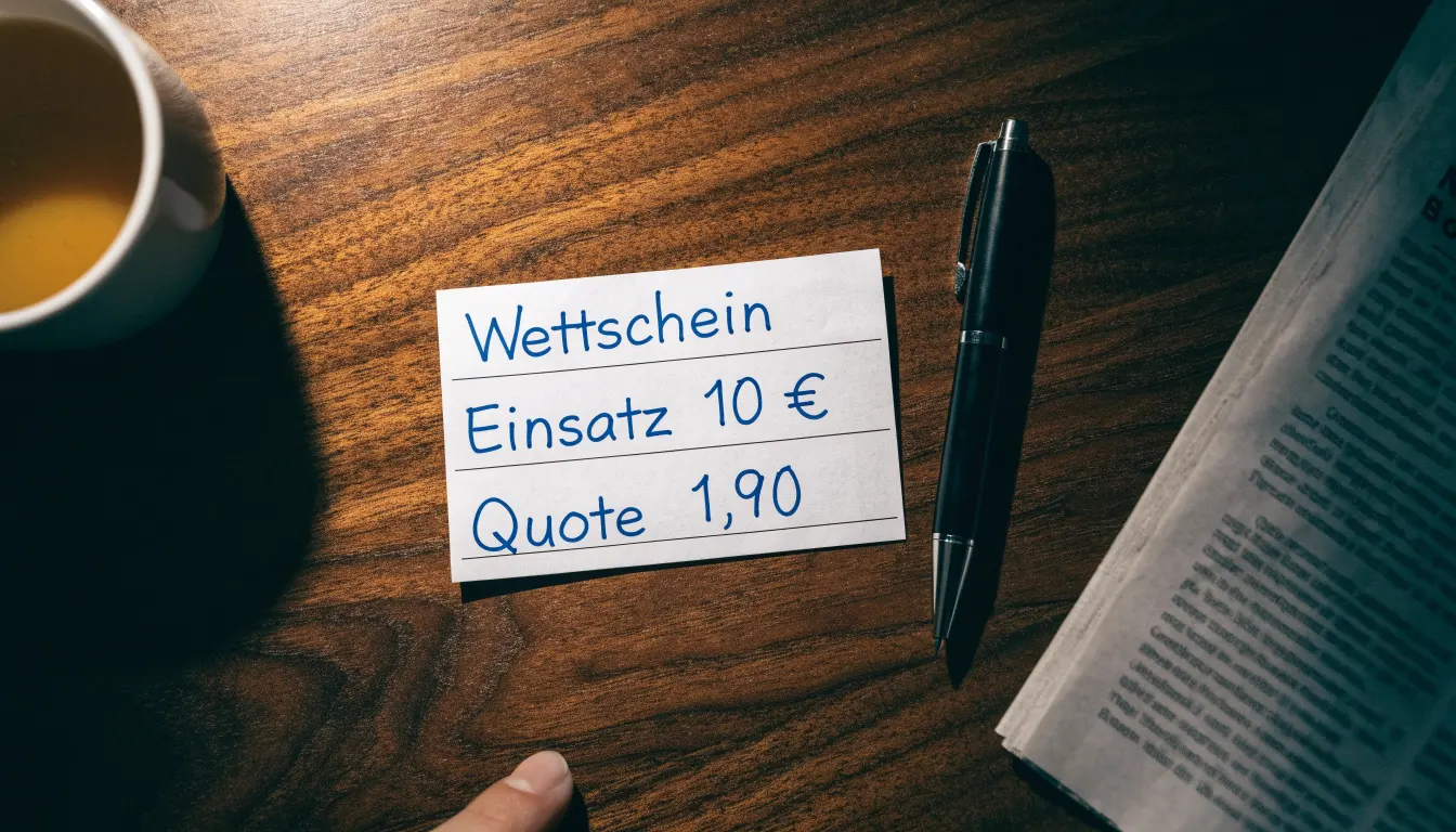 Ein leerer Papierwettschein und ein Kugelschreiber liegen auf einem Holztisch neben einer Tasse, warmes Licht einer Lampe.