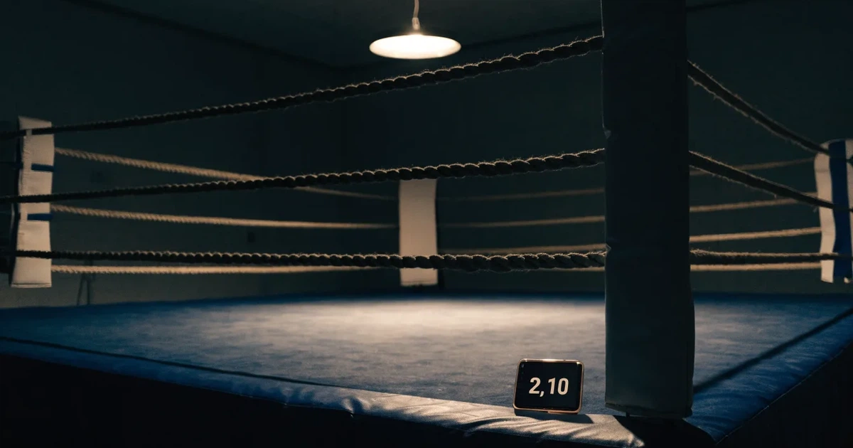 Ein Boxring mit gespannten Seilen in einer leeren Halle, ein einzelner Scheinwerfer leuchtet von oben auf die Ringmatte.