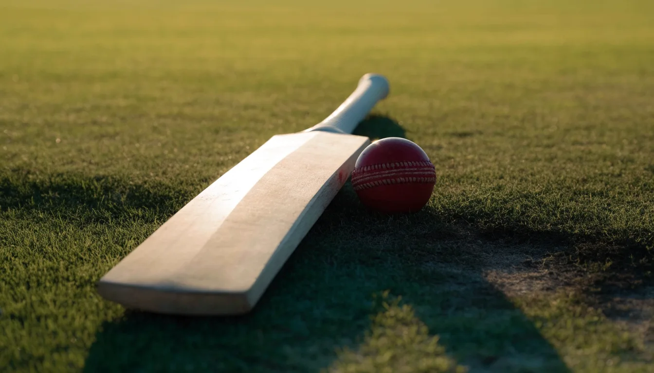 Ein Cricketschläger aus hellem Holz und ein roter Lederball liegen auf kurzem Rasen, weiches Abendlicht.