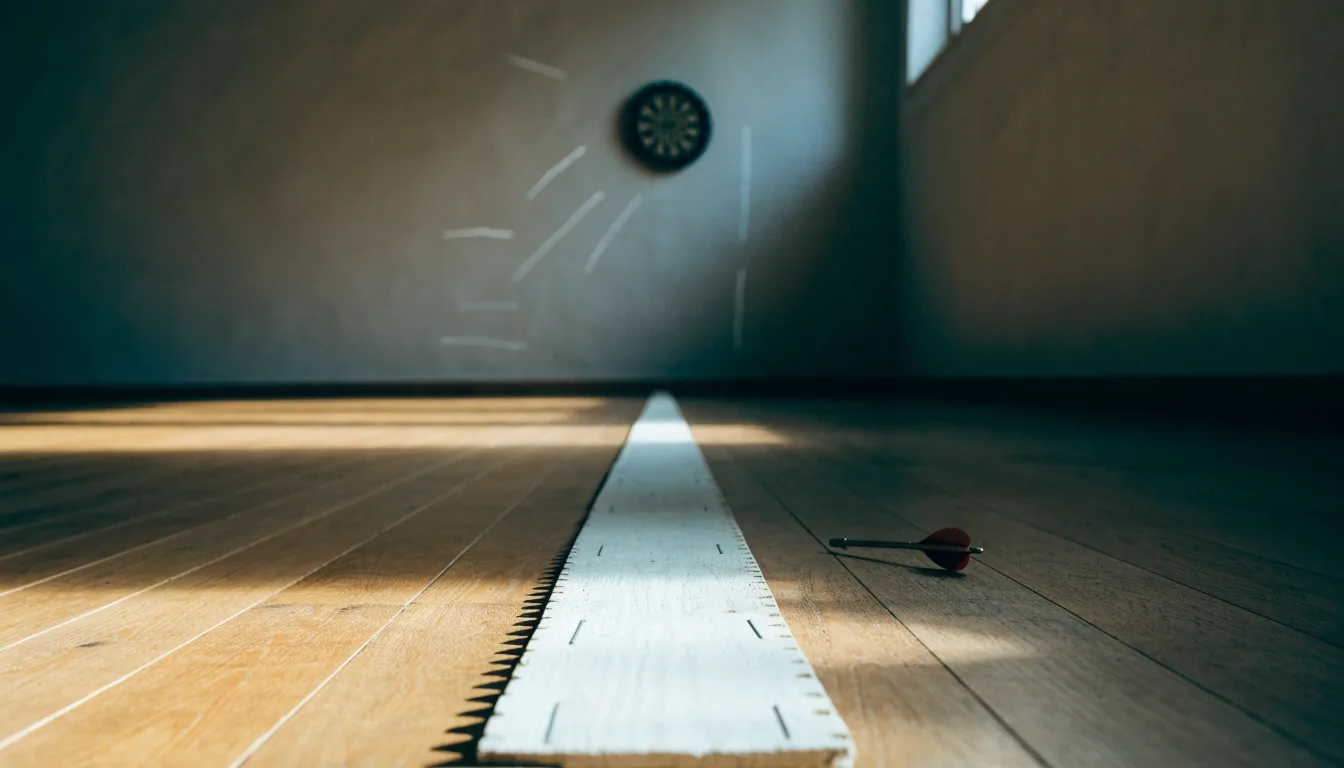Eine Wurflinie aus Holz auf dem Hallenboden, im Hintergrund in der Ferne eine Dartscheibe an der Wand.