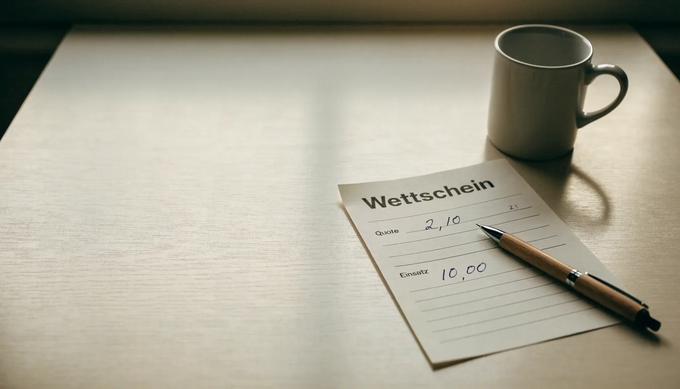 Ein leerer Wettschein aus Papier liegt neben einem Kugelschreiber und einer Tasse auf einem hellen Holztisch.