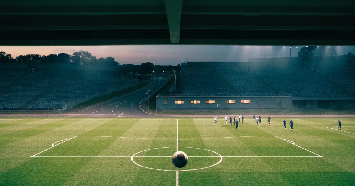Ein Fußballstadion bei Flutlicht aus der Ferne gesehen, davor eine Straße und leuchtende Fenster eines Nebengebäudes.
