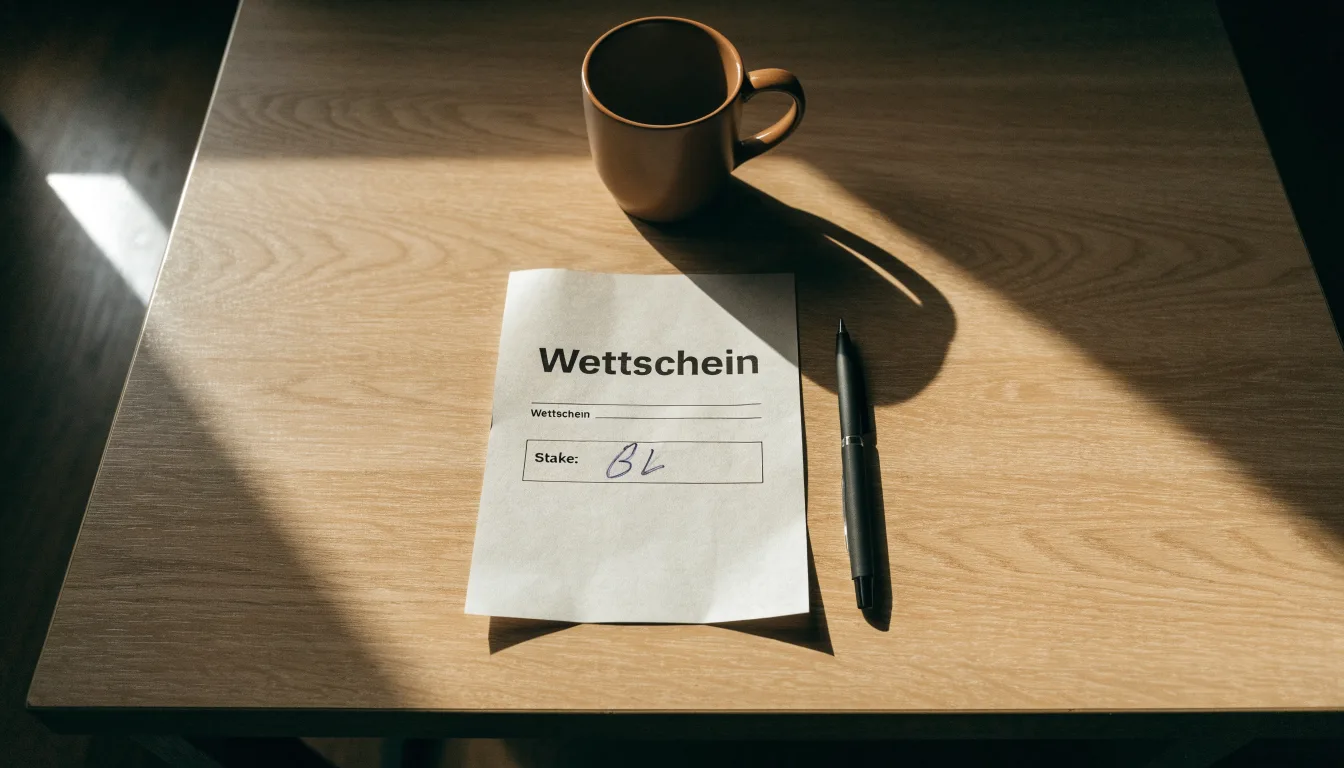 Ein leerer Wettschein aus Papier liegt neben einem Kugelschreiber und einer Tasse auf einem hellen Holztisch.