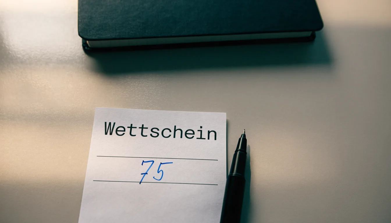 Ein leerer Papierwettschein und ein Kugelschreiber liegen auf einer glatten Schreibtischplatte neben einem Notizbuch.