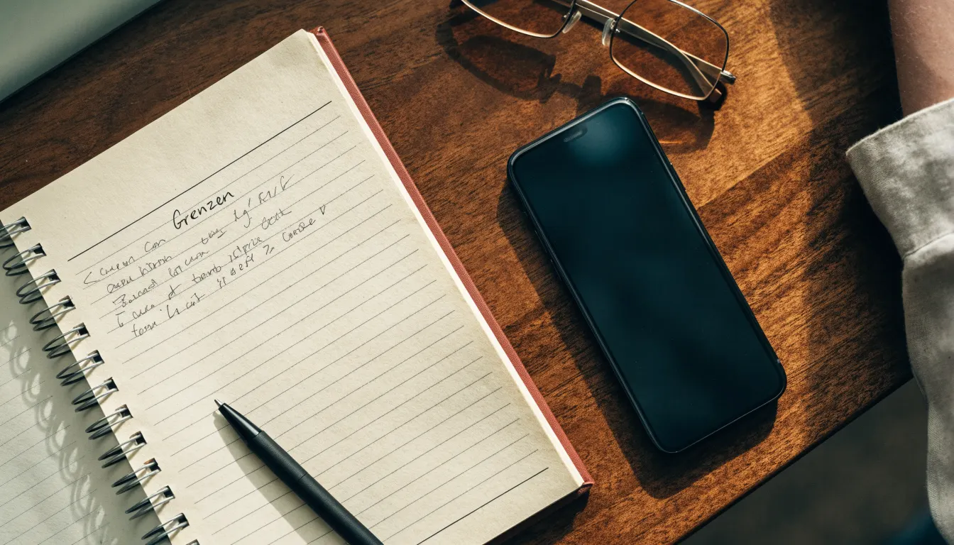 Ein Notizbuch mit handschriftlichen Notizen und ein Stift liegen auf einem Holztisch neben einem Smartphone mit dunklem Bildschirm.