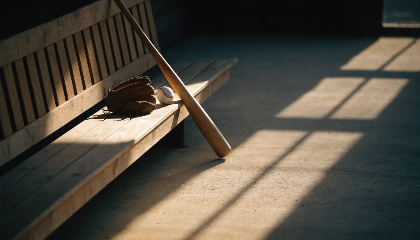 Ein Baseballschläger lehnt an einer Bank im Dugout, daneben liegen ein Handschuh und ein Ball im Licht der Nachmittagssonne.
